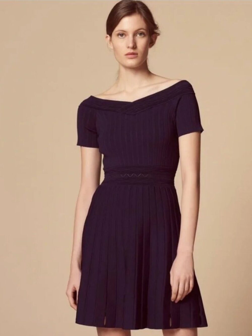 SANDRO Lottie Off-the-Shoulder Textured Fit & Flare Dress